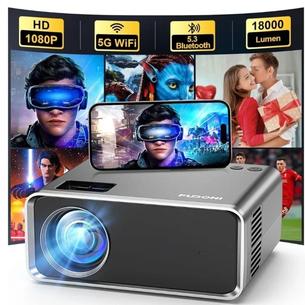 FUDONI Native 1080P Projector 4K Support 18000L WiFi Bluetooth Home Theater Gray